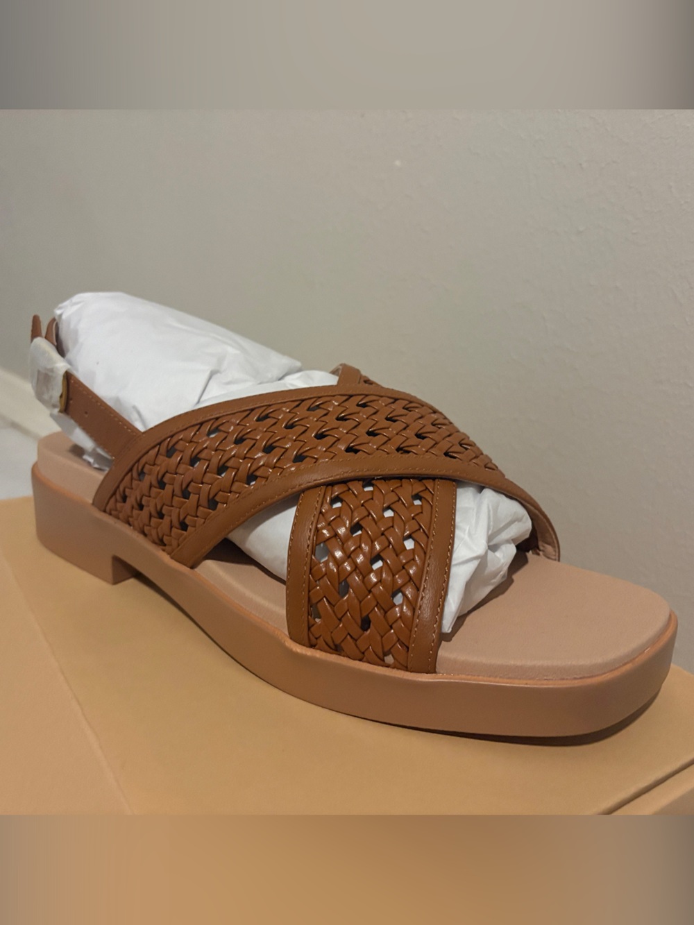 Woven Slingback Sandals in Cognac Brown